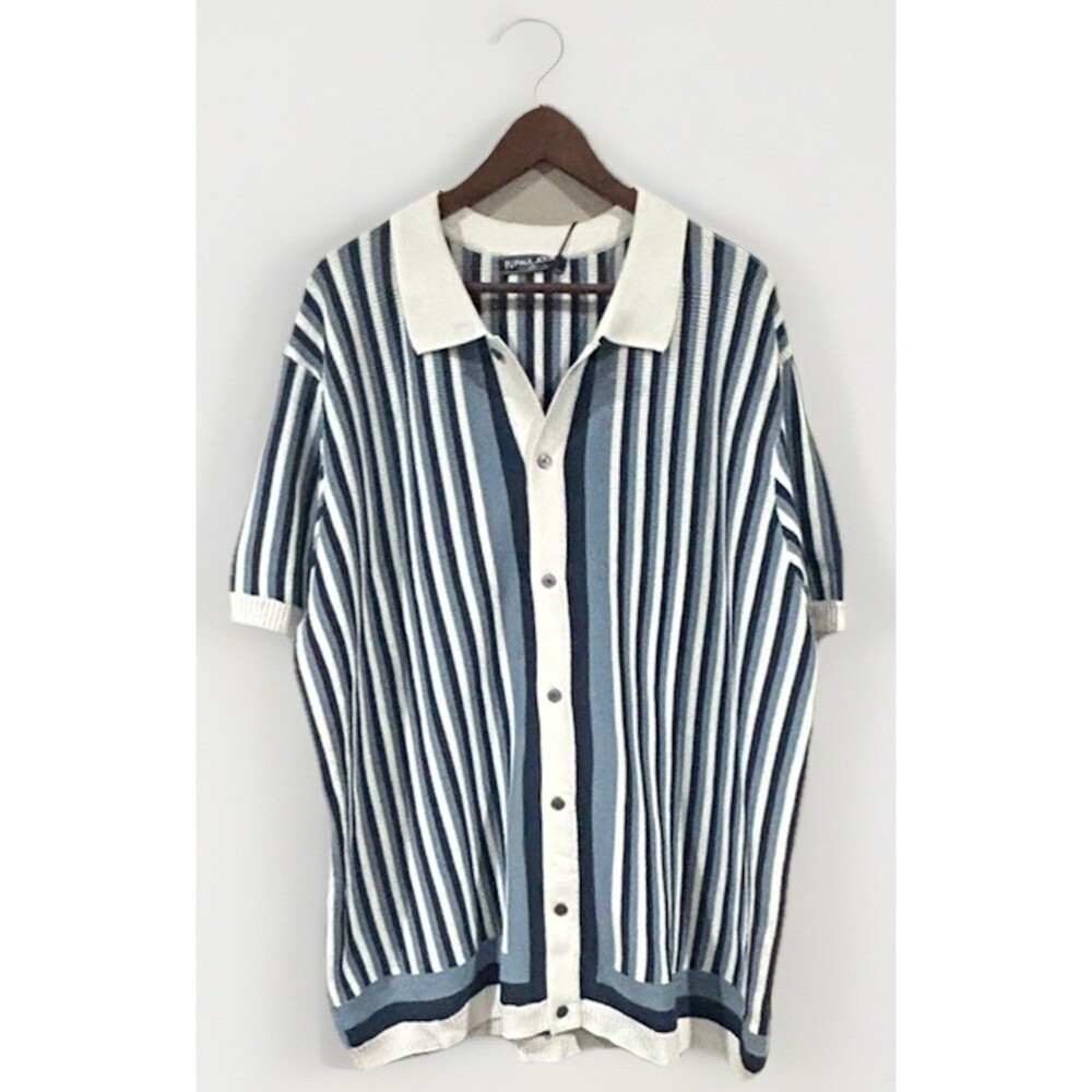 NWT PJ Paul Jones Men's 70s style Knit Polo Shirt Button Down Cardigan 2XL Blue